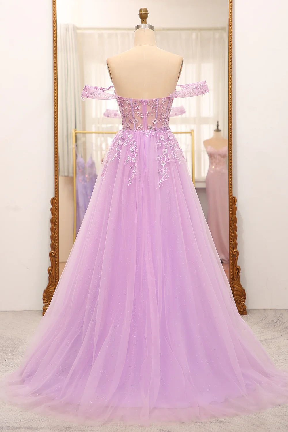 A-Line Off The Shoulder Beaded Lilac  Corset Prom Dress